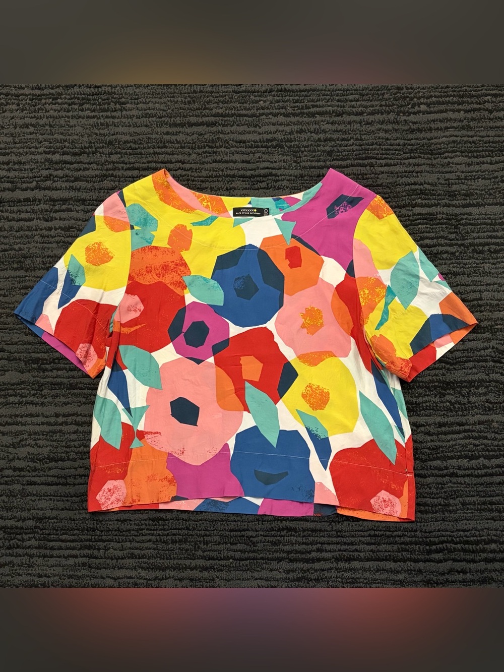 Kate Spade New York Silk Multicolor Abstract Floral Print Short Sleeve Top